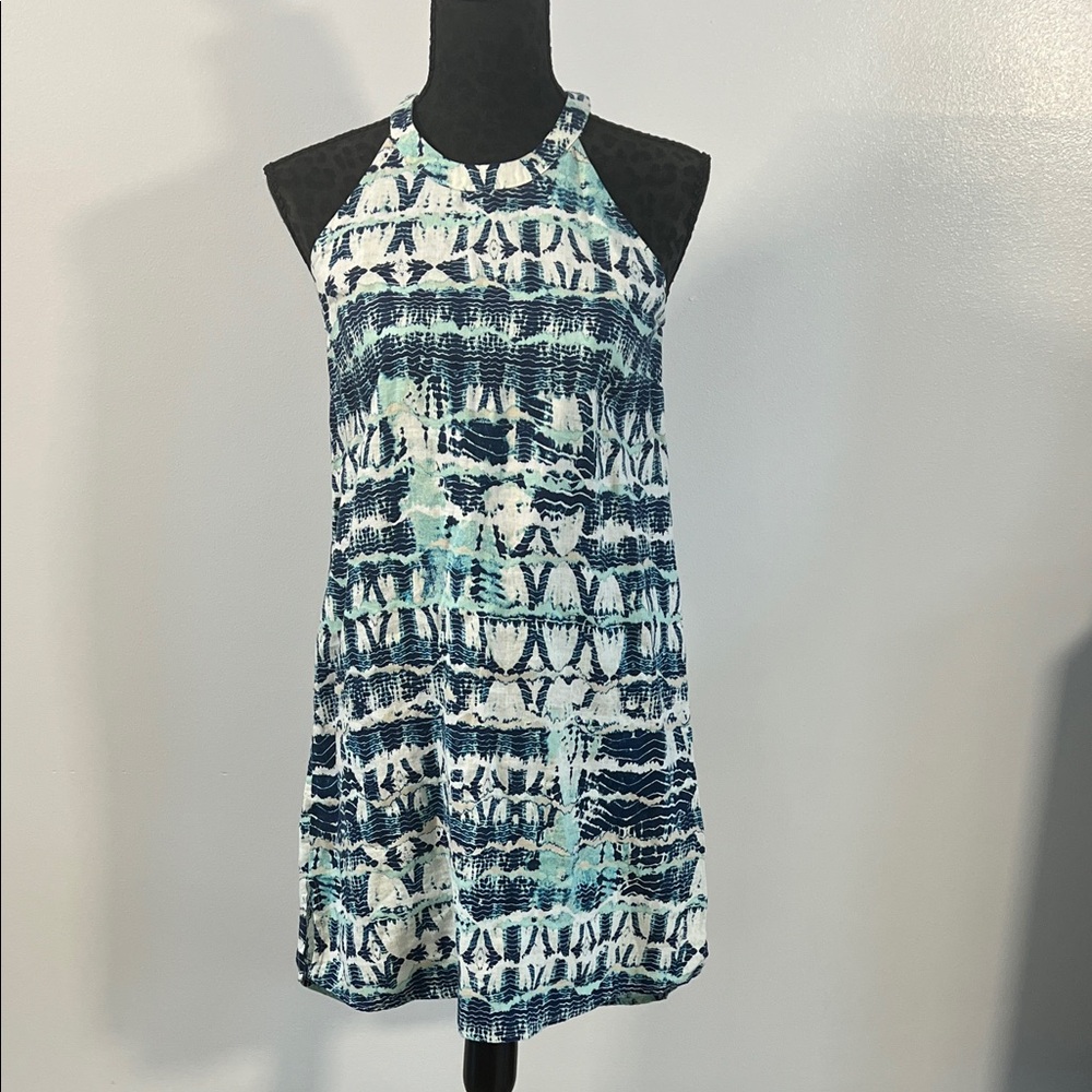 Nicole Miller Blue and Cream 100% Linen Dress XS
